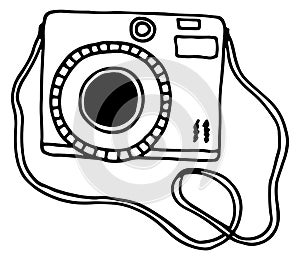 Retro photography camera. Photo device line icon