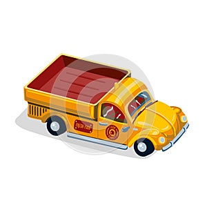 Retro pickup car with fruit. Farm lorry car isometric view. Local market cartoon vector illustration. Delivery concept.