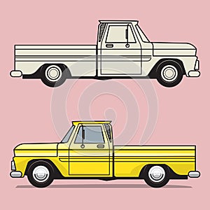 Retro pickup truck on color background