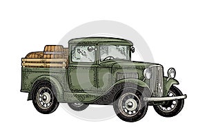 Retro pickup truck with wood barrel. Side view. Vintage color engraving