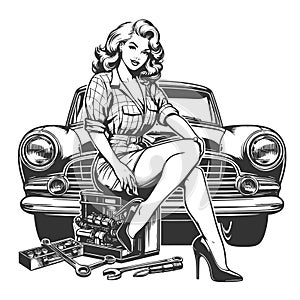 Retro Pin-Up Girl Classic Car and Tools vector