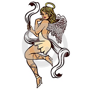 retro pin-up innocent woman in sensual angel costume with halo vector illustration