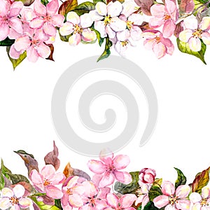 Retro pink flowers - apple, cherry blossom. Floral frame for greeting card. Aquarelle