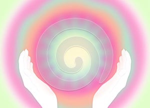 Retro, pink, green, yellow healing aura, energy field with 2 hands - grainy gradient background