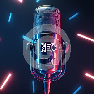Retro pink microphone 3D illustration with neon green REC signboard