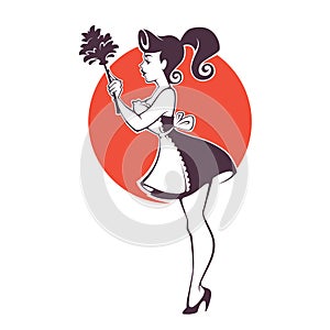 Retro pinup housemaid, cleaning emblem, logo, label