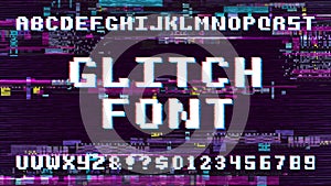 Retro pixel art font on display with tv noise glitch effect. Computer game vector alphabet