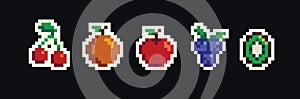 Retro pixel art food isolated icons with 8bit pixel fruits and vegetables. Vintage 8 bit console game asset, computer