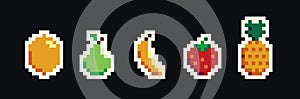 Retro pixel art food isolated icons with 8bit pixel fruits and vegetables. Vintage 8 bit console game asset, computer