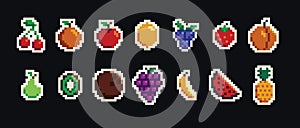 Retro pixel art food isolated icons with 8bit pixel fruits and vegetables. Vintage 8 bit console game asset, computer
