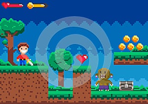 Retro Pixel Art Game with Character, Monster, and Collectibles in Forest Setting photo
