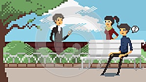 Retro pixel art game fashionable characters animation of various people walking dating and meeting for activities in the park and