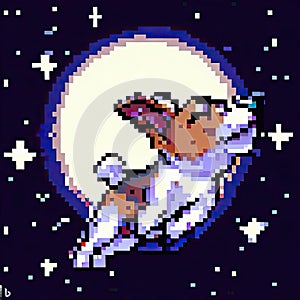 Retro pixel art illustration of a dog sitting in the moon light