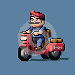 Retro Pixel Art: Mario Riding Motorcycle In Eilif Peterssen Style photo