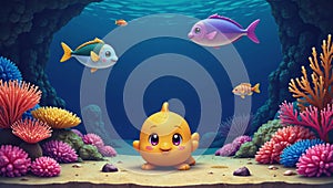 Retro pixel art underwater scene evoking nostalgia with bright colors and quirky marine life creating a lively gaming ambiance photo