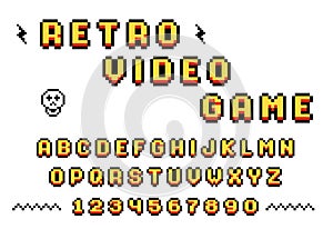 Retro pixel font from old computer video game, 8 bit letters and numbers, pixel alphabet