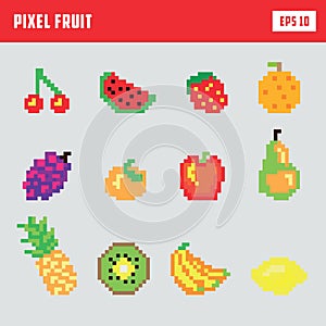 Retro pixel fruit, game icon set