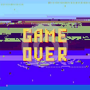 Retro Pixel Game Over Sin on Glitch Banner. Gaming Concept. Video Game Screen