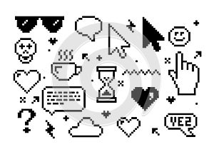 Retro pixel smiley and icons, videogames of 90\'s aesthetics, 8-bit retro elements, Y2k pixels stickers, heart, cursor