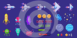 Retro pixel space invader game assets