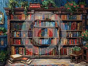 Retro Pixelated Bookshelf for a Virtual Library Titles and spines blur into a readers pixel haven