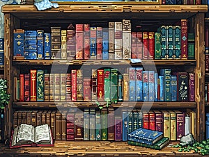 Retro Pixelated Bookshelf for a Virtual Library Titles and spines blur into a readers pixel haven