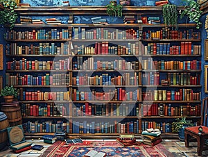 Retro Pixelated Bookshelf for a Virtual Library Titles and spines blur into a readers pixel haven