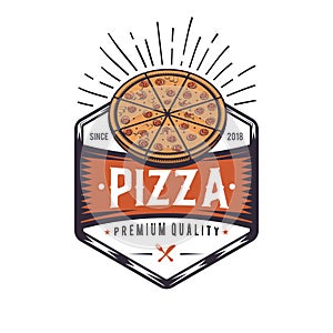 Retro pizzeria logo design. Vintage pizza emblem. Hipster badge style