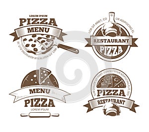 Retro pizzeria vector labels, logos, badges, emblems with pizza icons photo