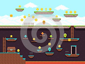 Retro platformer video game, vector gaming screen