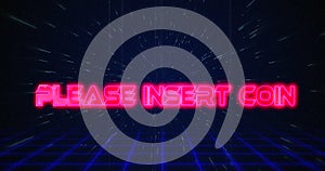 Retro Please Insert Coin text glitching over blue and red triangles on white hyperspace effect