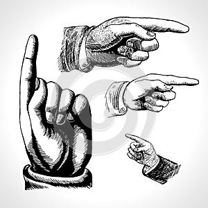 Retro pointing. Vintage and direction, finger-pointing and showing