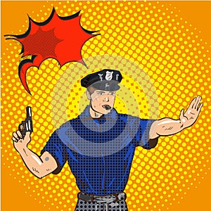 Retro police officer stop gesture, pop art retro vector illustration. Law and order