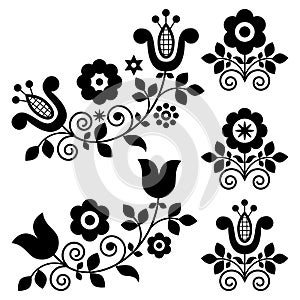 Retro polish folk art vector design elements with flowers perfect for greeting card or wedding invitation in black and white