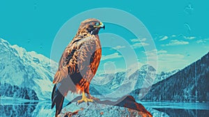 Retro Pop Art Inspired Raptor Perched On Rock With Mountain Background