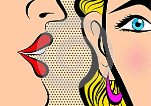 Retro Pop Art style Comic Style Book panel gossip girl whispering in ear secrets with pink cheek, rumor, word-of-mouth concept