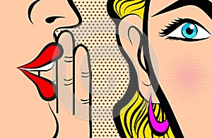 Retro Pop Art style Comic Style Book panel gossip girl whispering in ear secrets with pink cheek, rumor, word-of-mouth concept