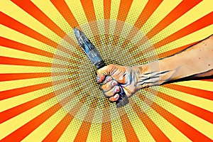 Retro pop art style poster, hand holding a hunting knife. Cartoon flat style. In yellow and orange.