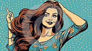 Retro Pop Art Style: Young Woman with Stunning Long Hair for Hair Care Product Ads and Posters, AI-generated