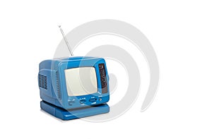 Retro portable television of blue color with radio, isolated on white background.