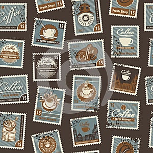 Retro Postage Seamless Background. Vector seamless pattern on coffee and coffee house theme with postage stamps and postmarks in