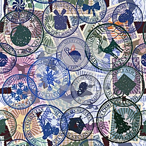 Retro postal stamp seamless pattern Christmas old postage stamps