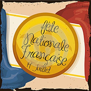 Retro Postcard with Commemorating Button for French National Day, Vector Illustration