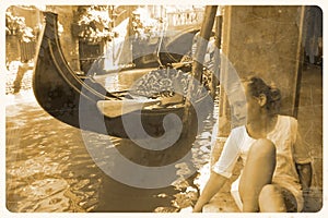 Retro postcard - dreaming girl in Venice