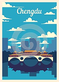 Retro poster Chengdu city skyline vintage, vector illustration