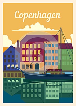 Retro poster Copenhagen city skyline vector illustration