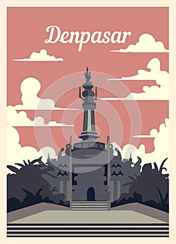Retro poster Denpasar city skyline vintage, vector illustration