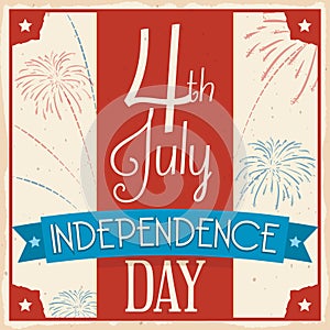 Retro Poster with Fireworks for 4th of July Celebration, Vector Illustration
