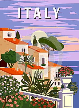 Retro Poster Italy, mediterranean romantic landscape, mountains, seaside town, sailboat, sea. Retro travel poster