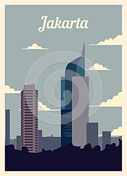 Retro poster Jakarta city skyline vintage, vector illustration